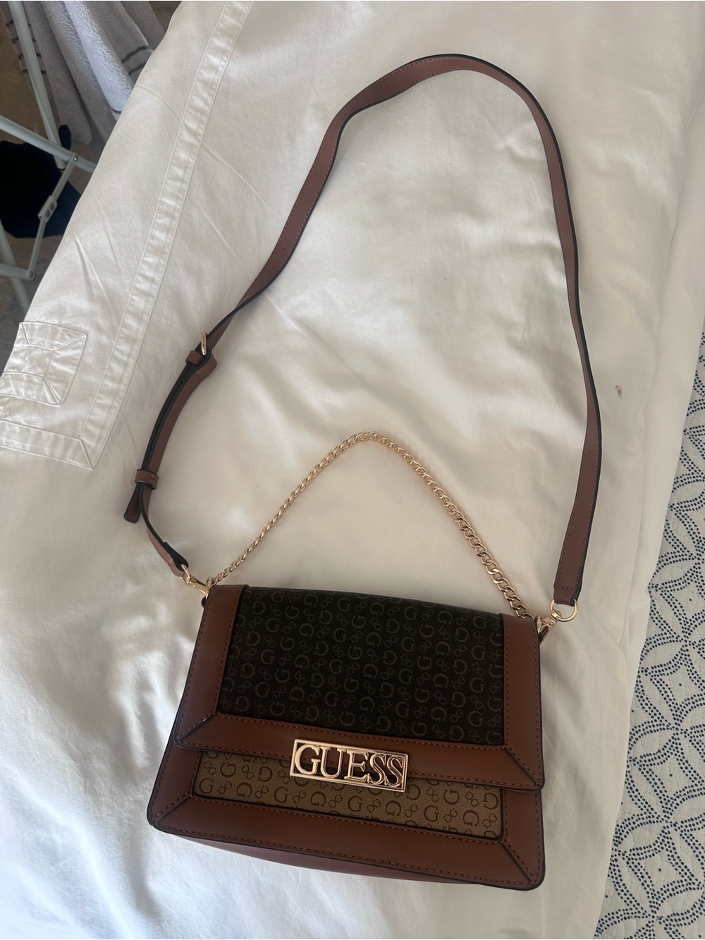 GUESS Brown and Black Logo-Print Crossbody with Gold Hardware - Picture 2 of 10